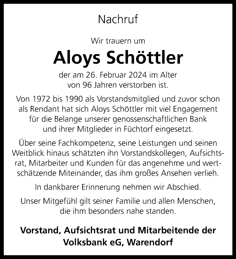  Traueranzeige für Aloys Schöttler vom 05.03.2024 aus 