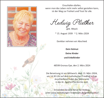 Anzeige von Hedwig Plietker 
