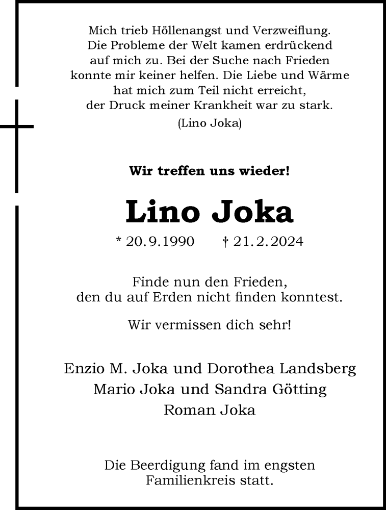  Traueranzeige für Lino Joka vom 13.03.2024 aus 