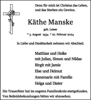Anzeige von Käthe Manske 