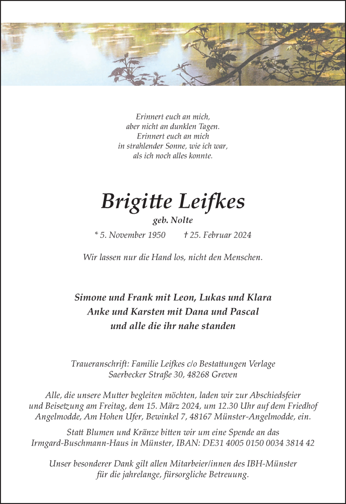  Traueranzeige für Brigitte Leifkes vom 09.03.2024 aus 
