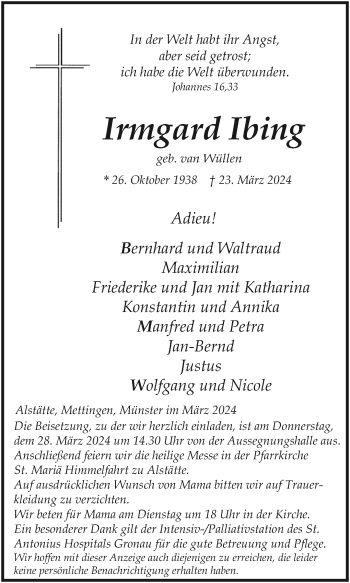 Anzeige von Irmgard Ibing 