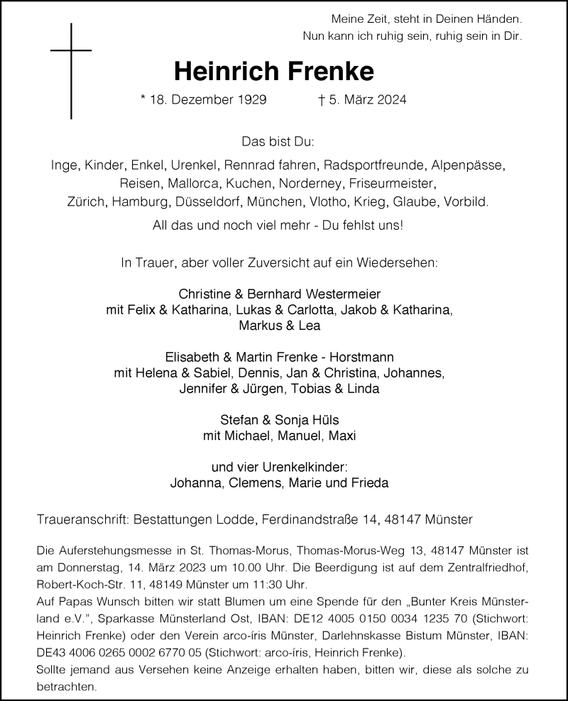  Traueranzeige für Heinrich Frenke vom 09.03.2024 aus 