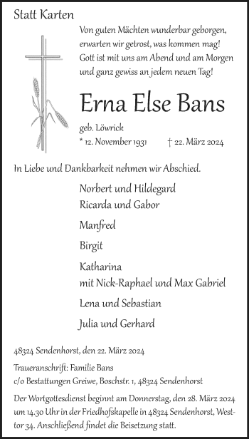 Anzeige von Erna Else Bans 