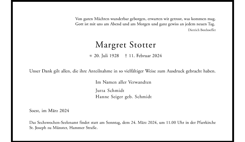  Traueranzeige für Margret Stotter vom 16.03.2024 aus 