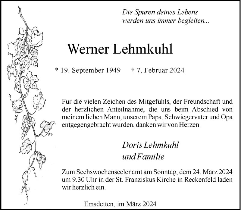  Traueranzeige für Werner Lehmkuhl vom 16.03.2024 aus 