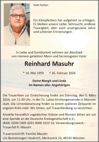 Anzeige von Reinhard Masuhr 