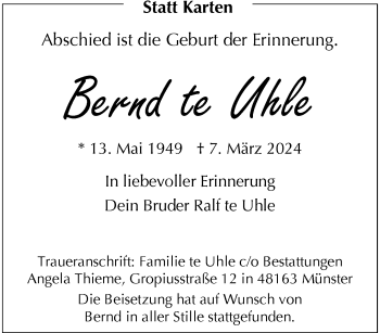 Anzeige von Bernd te Uhle 