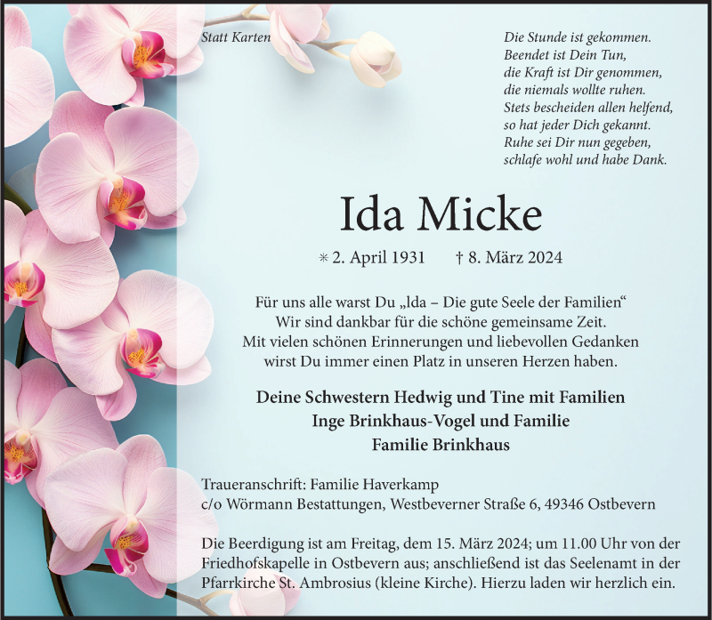  Traueranzeige für Ida Micke vom 13.03.2024 aus 