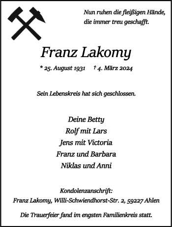 Anzeige von Franz Lakomy 