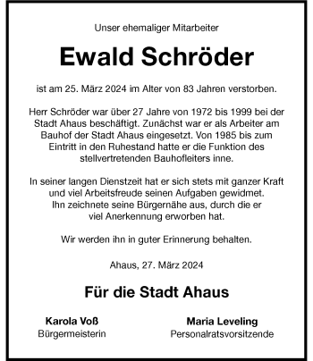 Anzeige von Ewald Schröder 