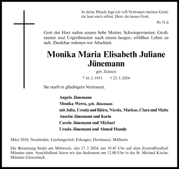 Anzeige von Monika Maria Elisabeth Juliane Jünemann 