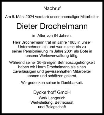 Anzeige von Dieter Drochelmann 