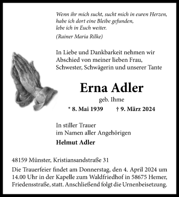 Anzeige von Erna Adler 