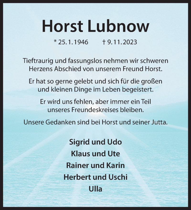  Traueranzeige für Horst Lubnow vom 15.11.2023 aus 
