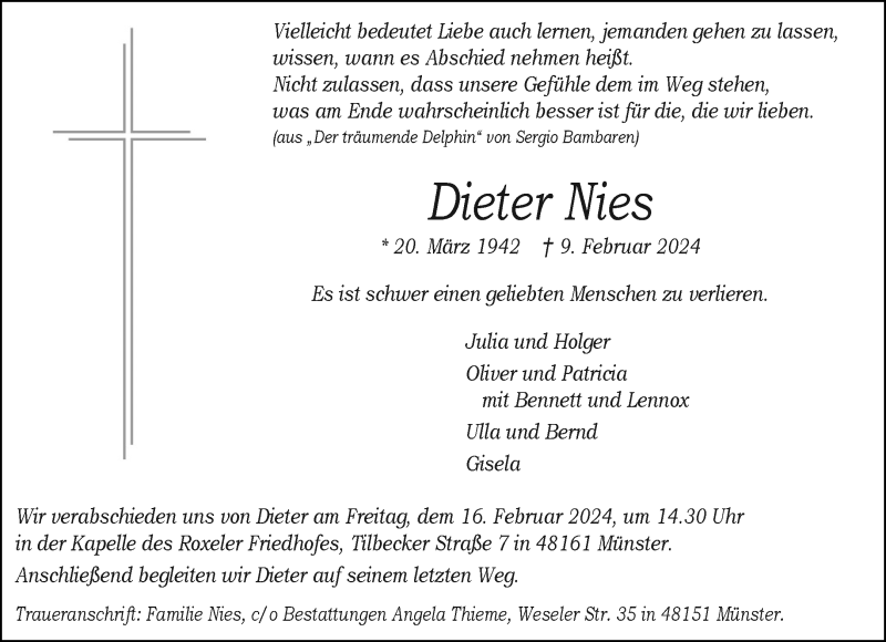  Traueranzeige für Dieter Nies vom 15.02.2024 aus 