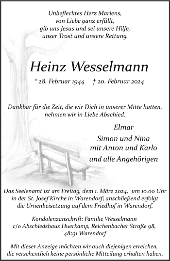 Anzeige von Heinz Wesselmann 