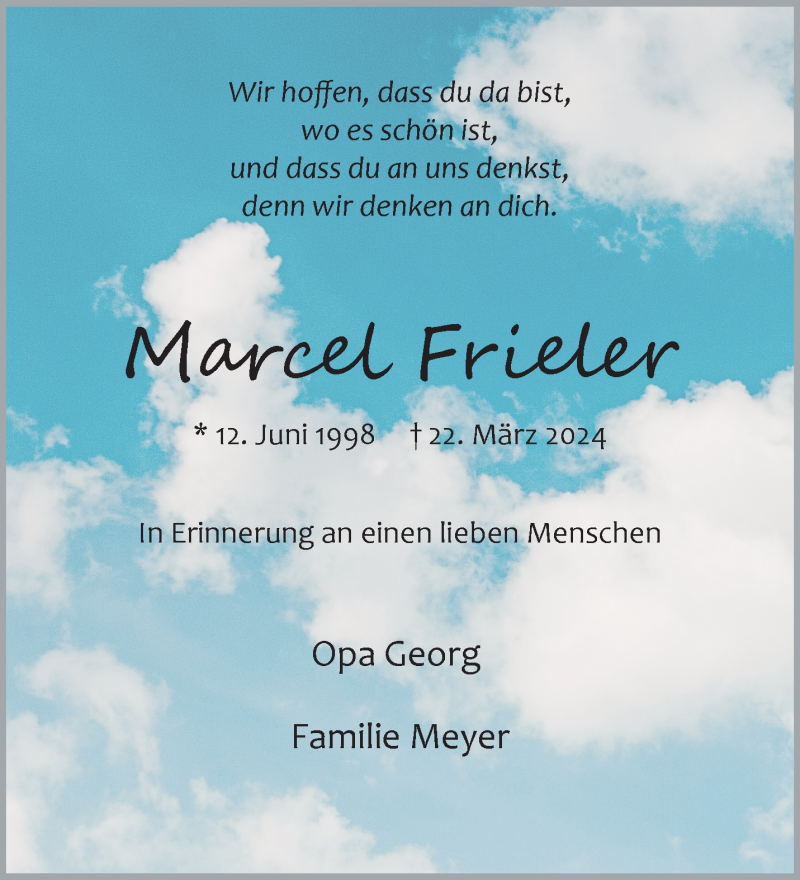  Traueranzeige für Marcel Frieler vom 27.03.2024 aus 