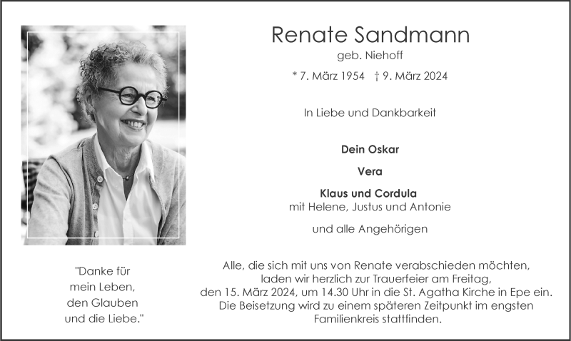  Traueranzeige für Renate Sandmann vom 13.03.2024 aus 