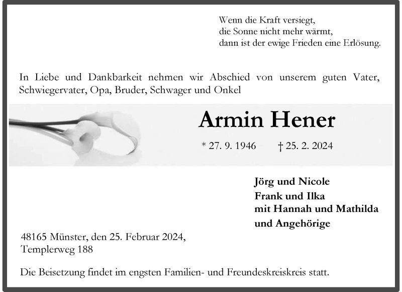  Traueranzeige für Armin Hener vom 02.03.2024 aus 