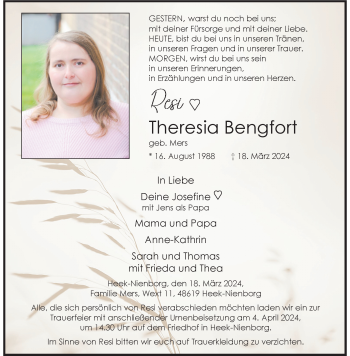 Anzeige von Theresia Bengfort 