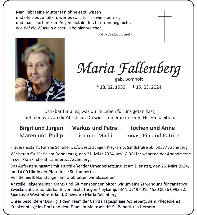  Traueranzeige für Maria Fallenberg vom 20.03.2024 aus 