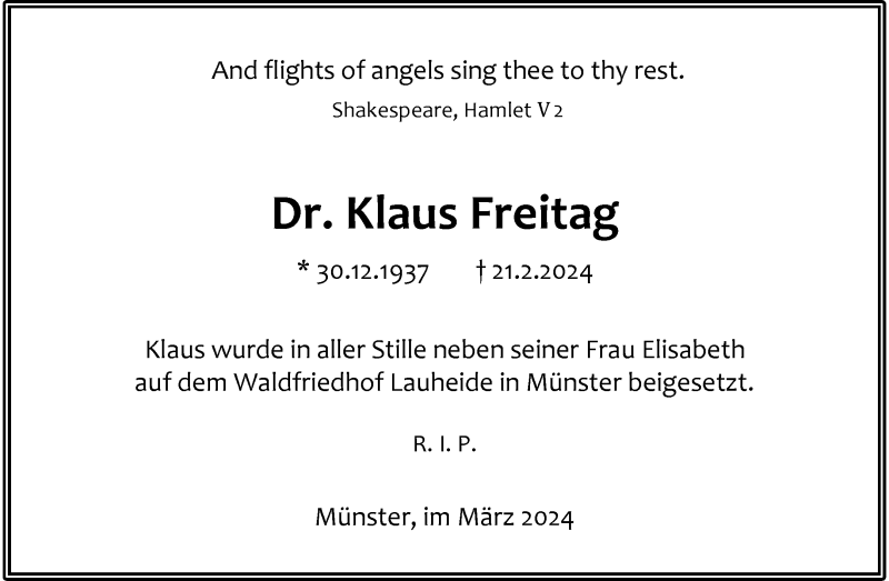  Traueranzeige für Dr. Klaus Freitag vom 16.03.2024 aus 