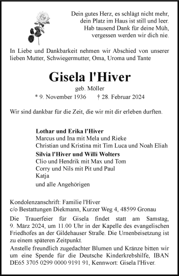 Anzeige von Gisela l'Hiver 
