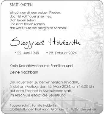 Anzeige von Siegfried Holderith 