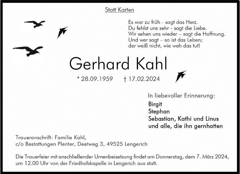  Traueranzeige für Gerhard Kahl vom 02.03.2024 aus 