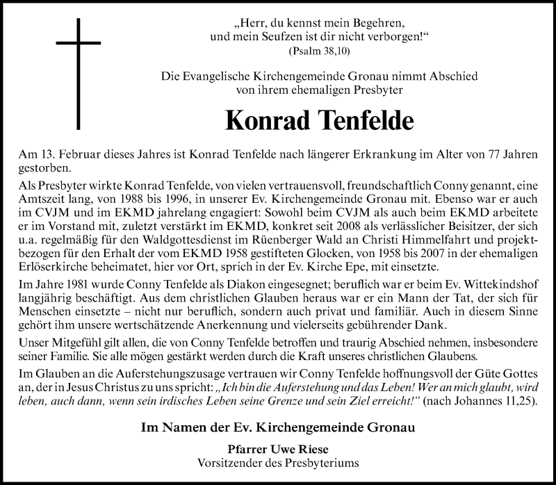 Traueranzeige für Konrad Tenfelde vom 21.02.2024 aus 