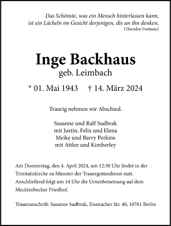 Anzeige von Inge Backhaus 