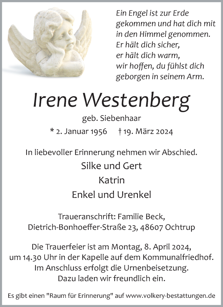  Traueranzeige für Irene Westenberg vom 25.03.2024 aus 