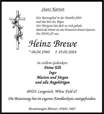 Anzeige von Heinz Brewe 