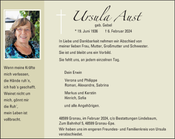 Anzeige von Ursula Aust 