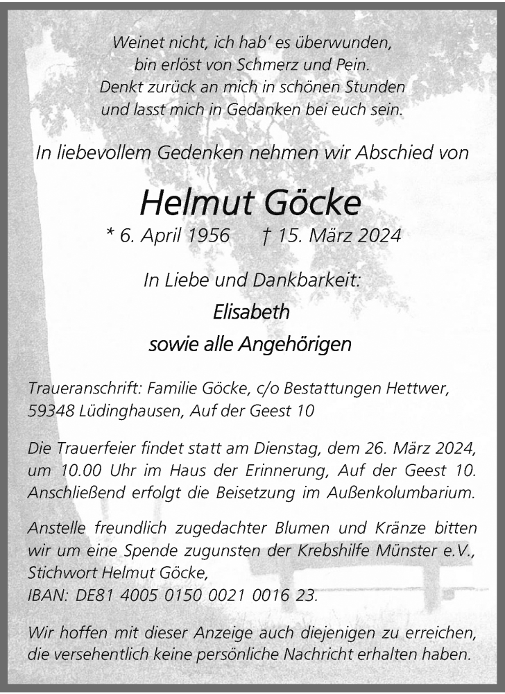  Traueranzeige für Helmut Göcke vom 22.03.2024 aus 