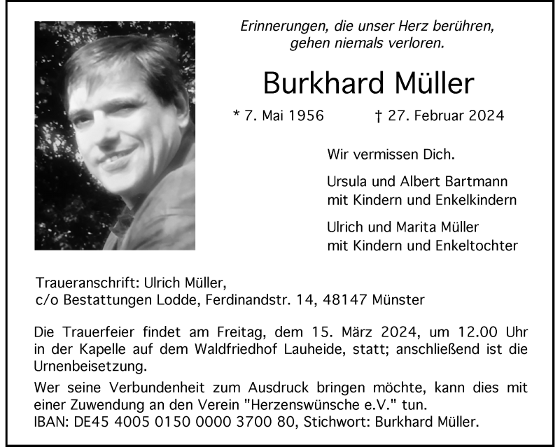  Traueranzeige für Burkhard Müller vom 09.03.2024 aus 