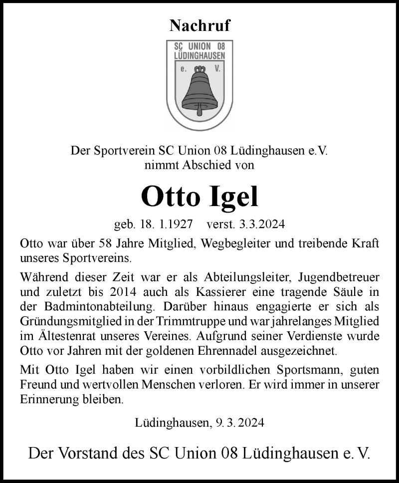  Traueranzeige für Otto Igel vom 09.03.2024 aus 