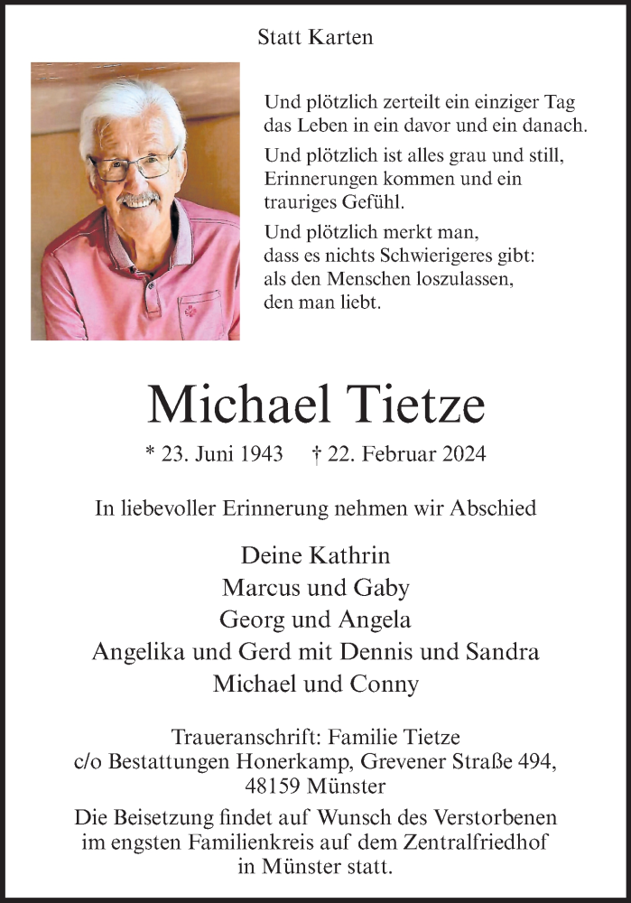  Traueranzeige für Michael Tietze vom 02.03.2024 aus 