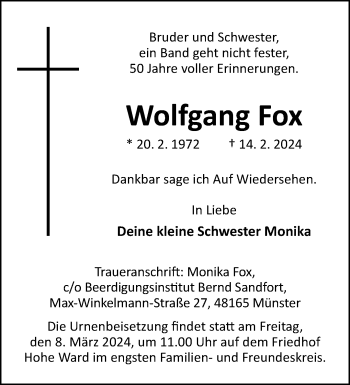 Anzeige von Wolfgang Fox 