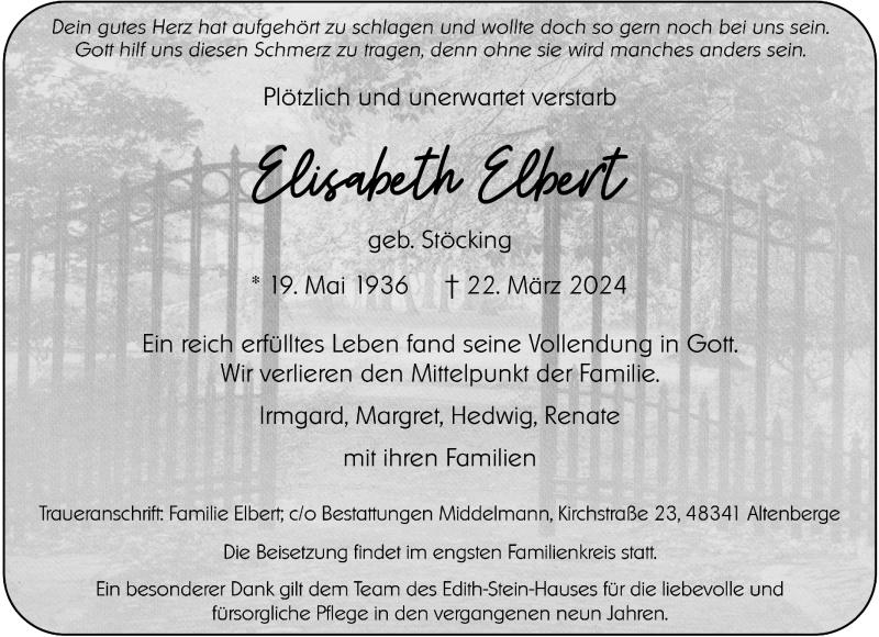  Traueranzeige für Elisabeth Elbert vom 27.03.2024 aus 