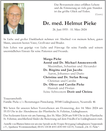 Anzeige von Dr. med. Helmut Pieke 