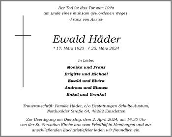 Anzeige von Ewald Häder 