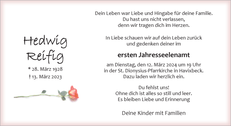  Traueranzeige für Hedwig Reifig vom 09.03.2024 aus 