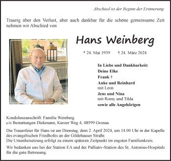 Anzeige von Hans Weinberg 