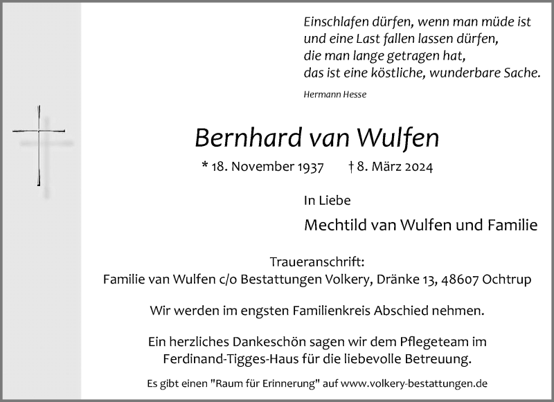  Traueranzeige für Bernhard van Wulfen vom 13.03.2024 aus 