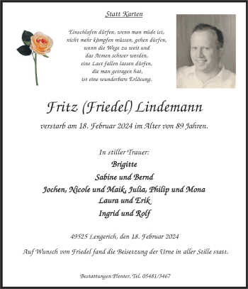 Anzeige von Fritz Lindemann 
