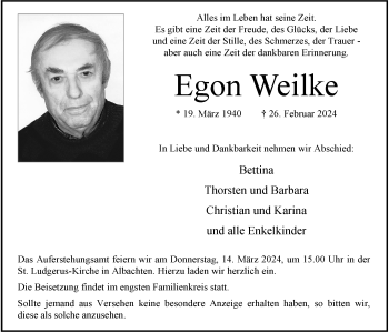 Anzeige von Egon Weilke 