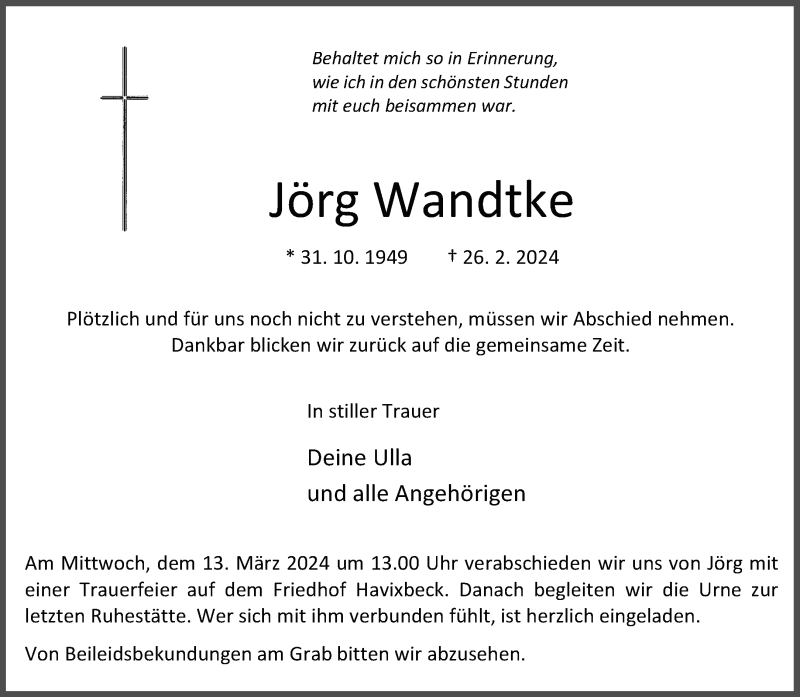 Traueranzeige für Jörg Wandtke vom 02.03.2024 aus 
