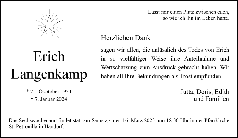  Traueranzeige für Erich Langenkamp vom 09.03.2024 aus 